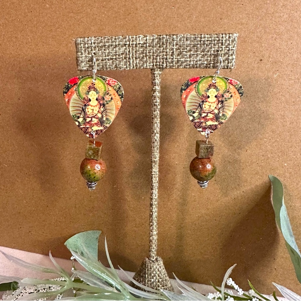 Guitar Pick Earrings - Buddhist White Tara